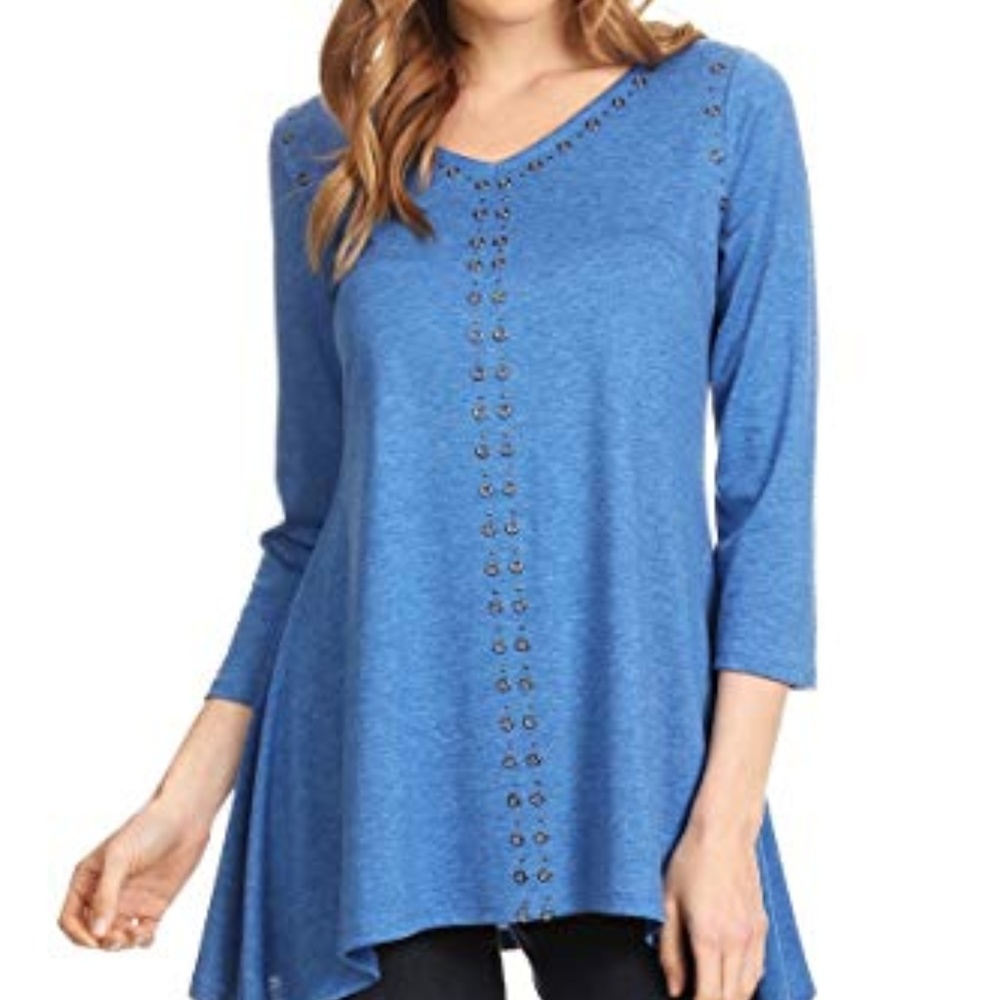 Blue Eyelet Embellishment Relaxed Fit 3/4 Sleeve